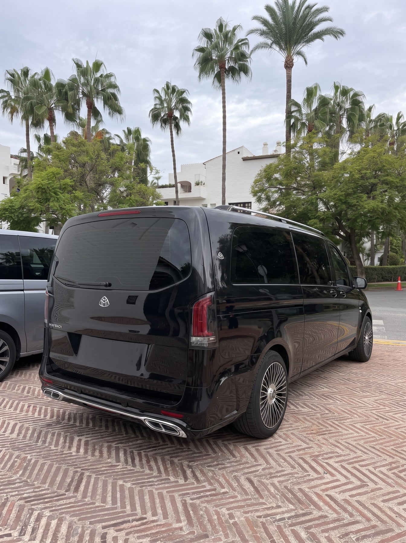 Rear view of the black Maybach VIP van with palm trees in Marbella