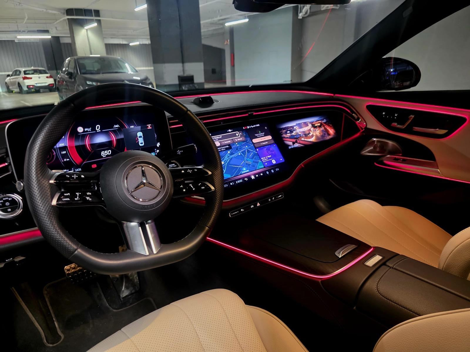Luxury interior dashboard of the Mercedes S-Class with ambient lighting